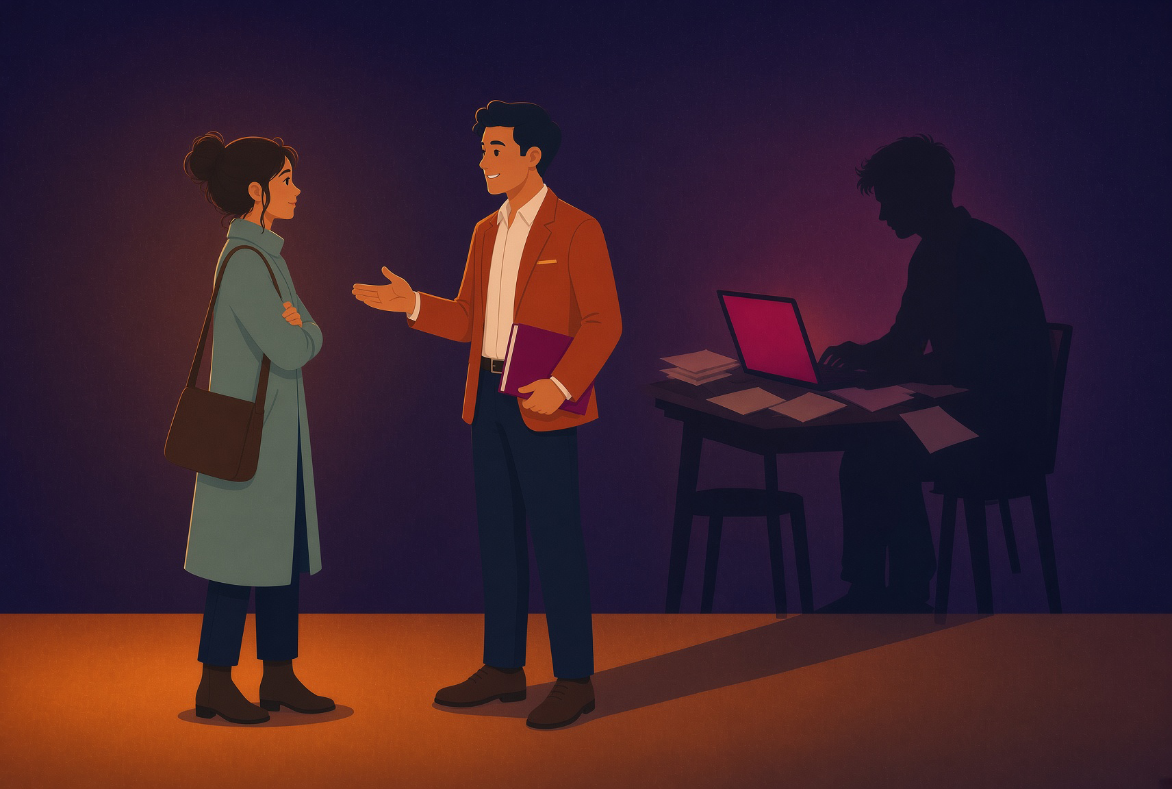 A sales rep in conversation with a customer, while his own shadow on the wall behind him is hunched over a laptop doing paperwork