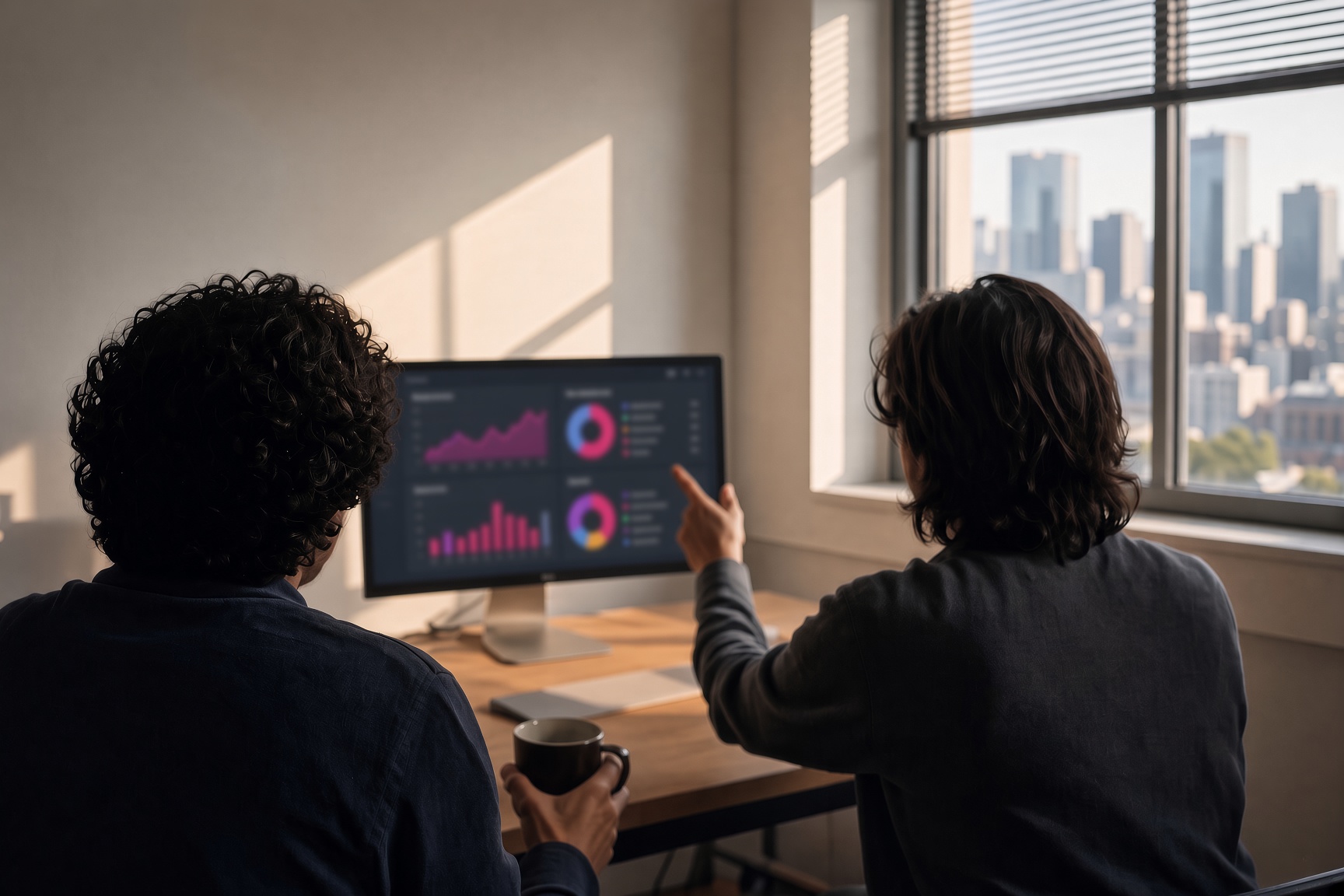 Two colleagues seen from behind at a single desk, looking together at a monitor showing a business dashboard, with early morning light and a city skyline through a large office window