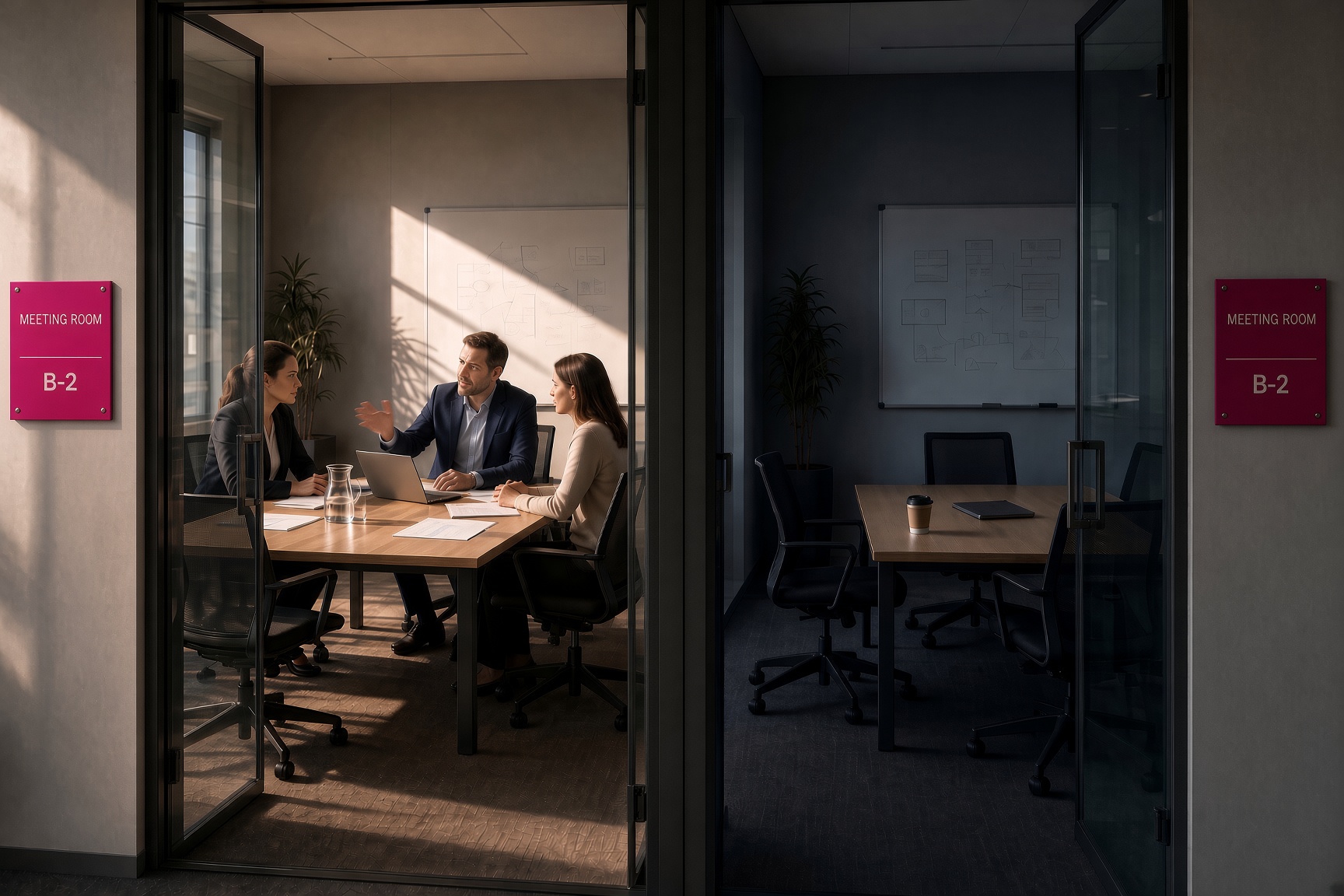 Two identical glass meeting rooms side by side, both signed Meeting Room B-2, one with a conversation in progress and one empty