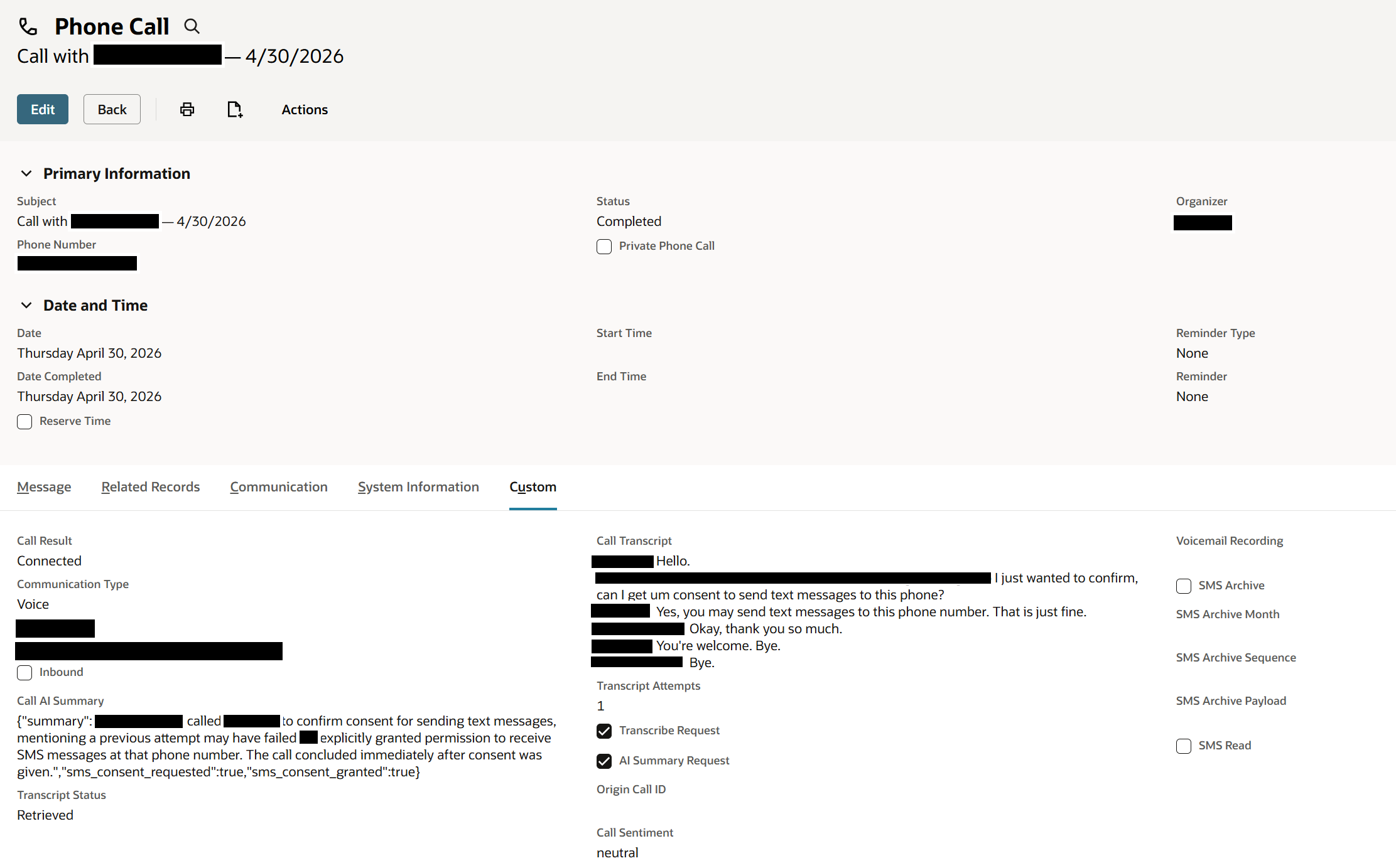 Representative asking for verbal SMS consent during a call