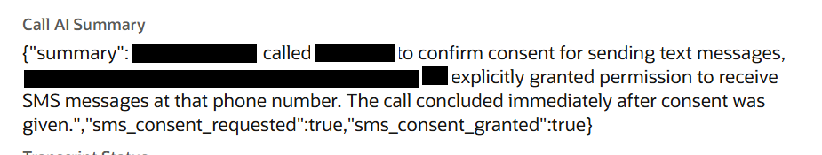 AI call summary showing consent analysis result